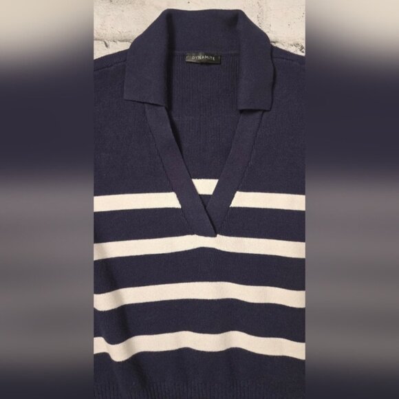Dynamite Navy and White Striped Cropped V-Neck Sweater - Picture 6 of 9